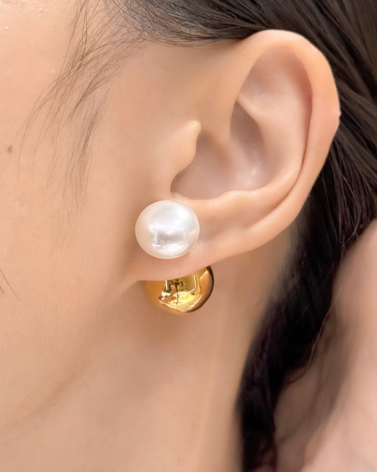 誇張珍珠背扣金球耳環