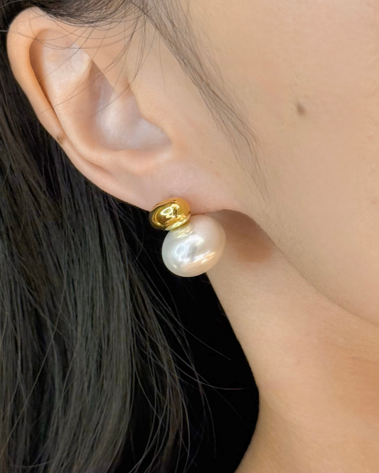 橢圓金球珍珠耳環