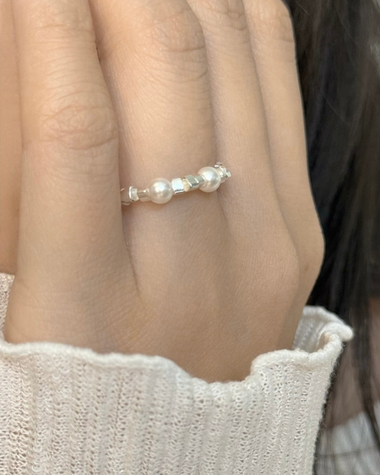Silver Bead and Pearl Open Ring